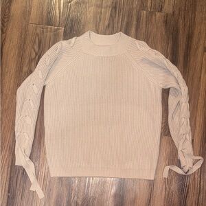 Taupe Knit Sweater with Lace-Up Sleeves